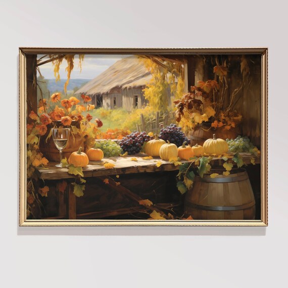 Autumn Farm Harvest Pumpkins Grapes Barn Window Still Life Wall Art