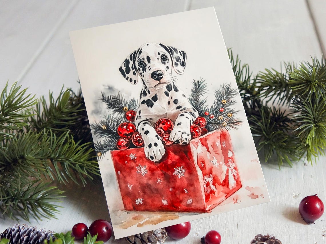 Dalmatian Puppy Christmas Gift Box Cute Watercolor Art Print