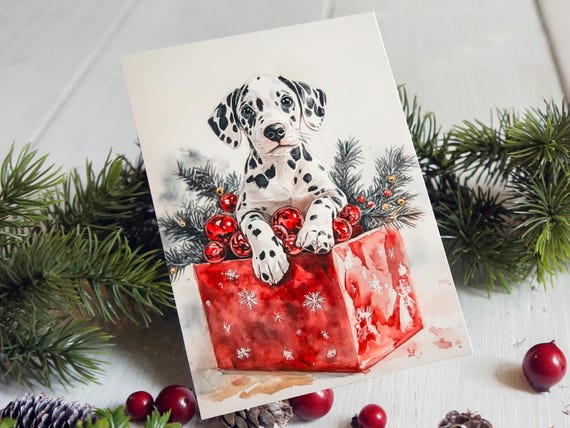 Dalmatian Puppy Christmas Gift Box Cute Watercolor Art Print