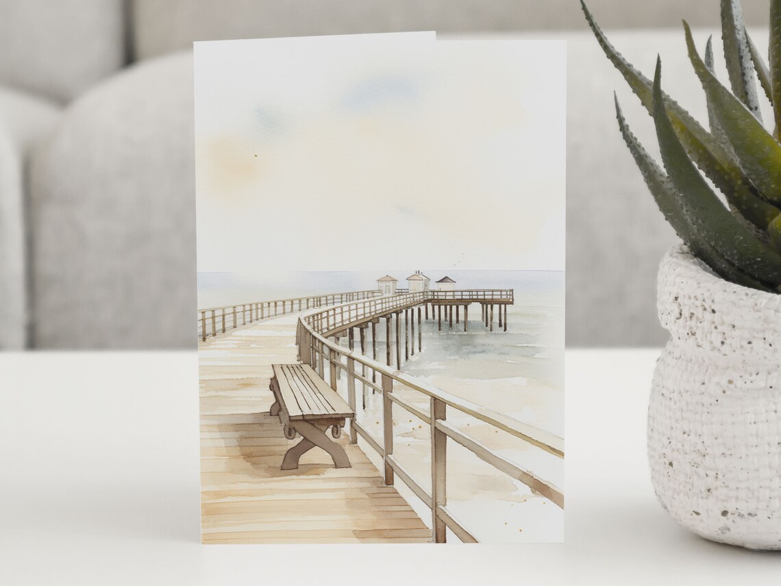Seaside Scene of an Empty Pier Watercolor Art Print