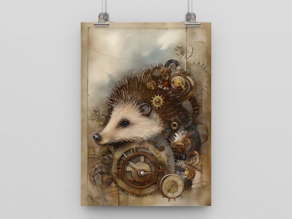 Steampunk Hedgehog Mixed Media Style Print Poster Home Art Animal