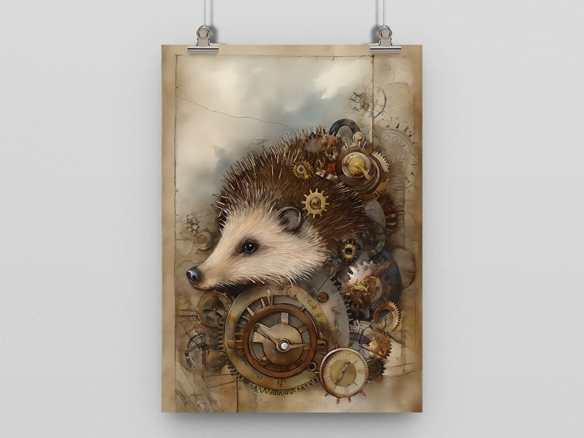Steampunk Hedgehog Mixed Media Style Print Poster Home Art Animal