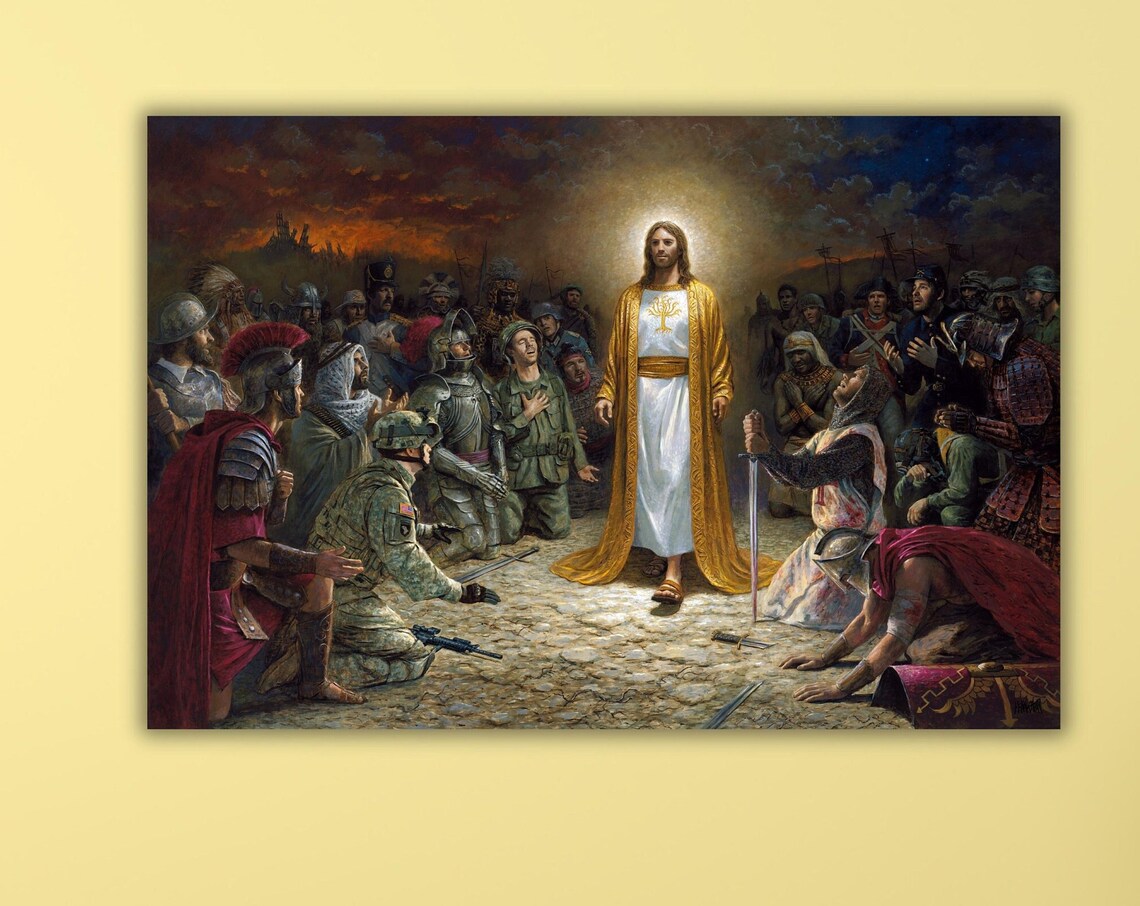 Jesus Christ with Kneeling Soldiers from Every Era Religious Art Poster