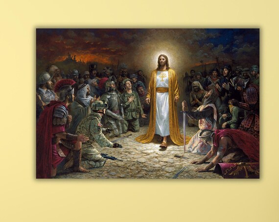 Jesus Christ with Kneeling Soldiers from Every Era Religious Art Poster