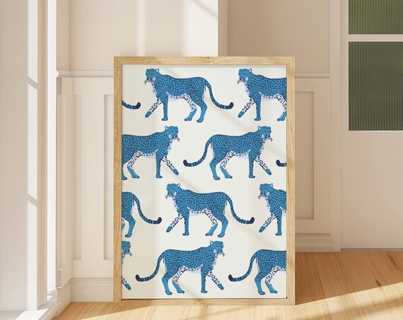 Blue Leopard Repeat Pattern Cream Bold Y2K Safari Animal Wall Art