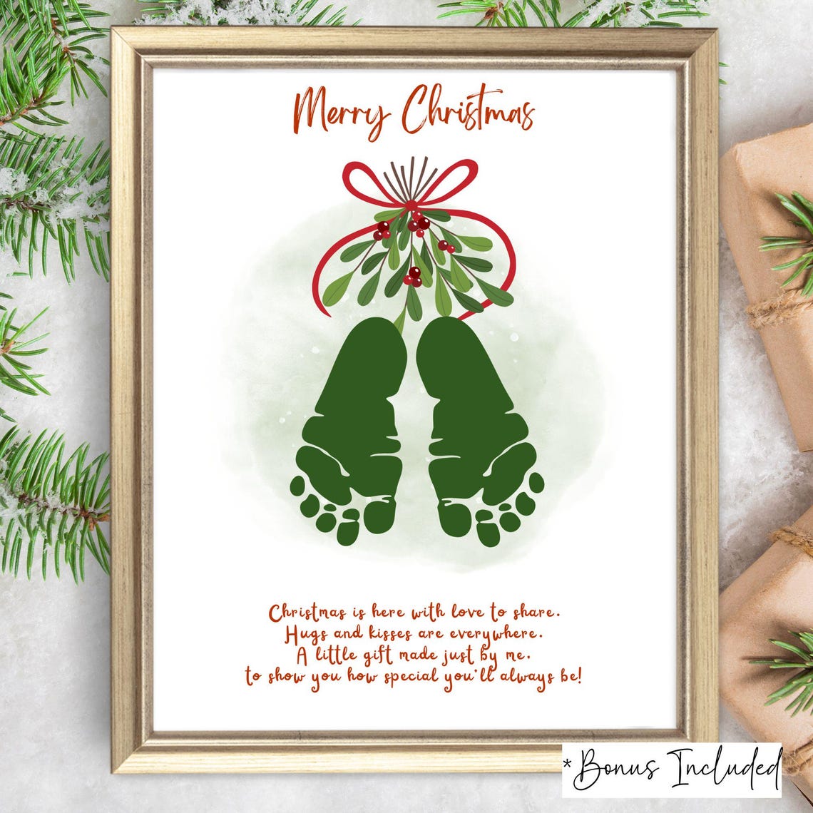 Merry Christmas Mistletoe Footprint Art Poem Holiday Keepsake Poster