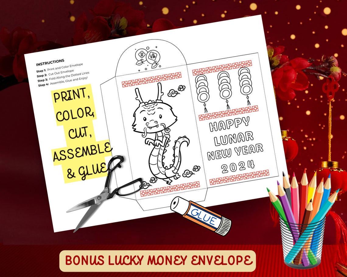 Happy Lunar New Year Activity Placemat Coloring Word Search Kids Print - Image 2
