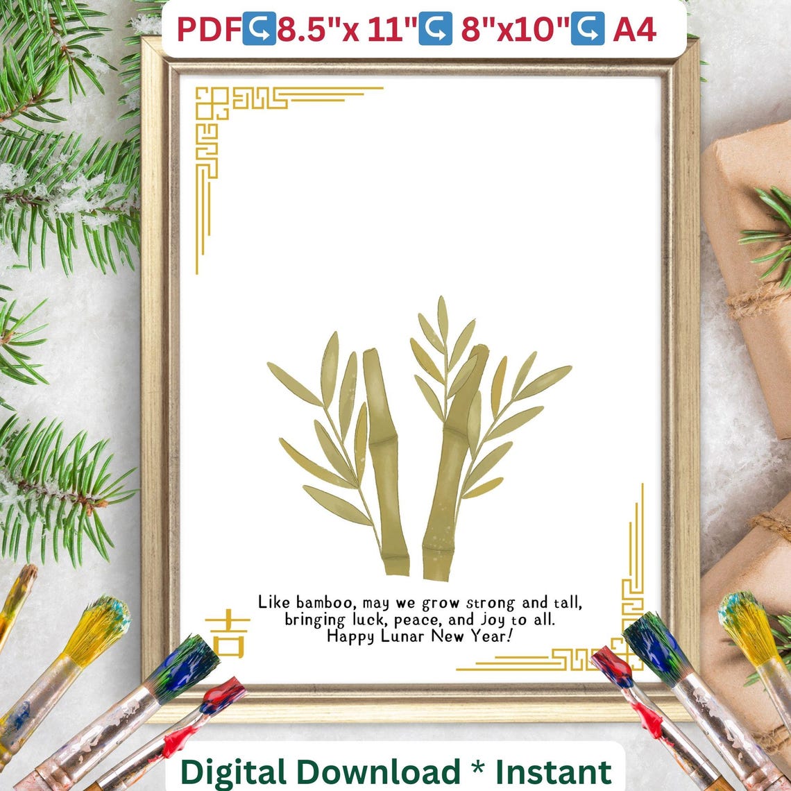 Happy Lunar New Year Bamboo Handprint Craft Poem Keepsake Poster - Image 2