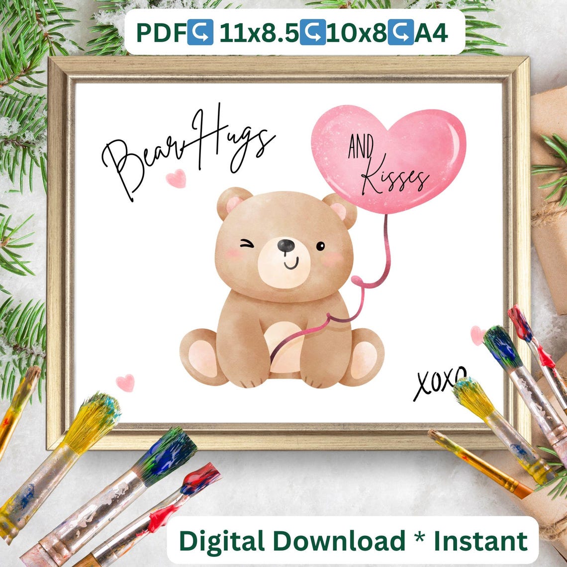 Bear Hugs and Kisses Footprint Bear Valentine Craft Keepsake Print - Image 2