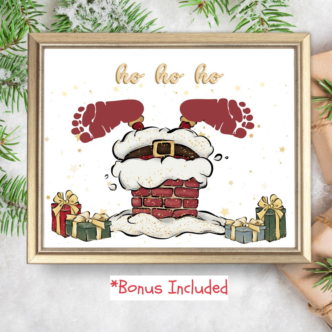 Ho Ho Ho Santa Stuck In Chimney Footprint Art Christmas Craft Poster