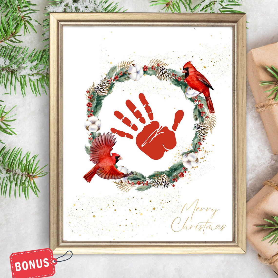 Christmas Wreath Handprint Art, Winter Cardinal Keepsake