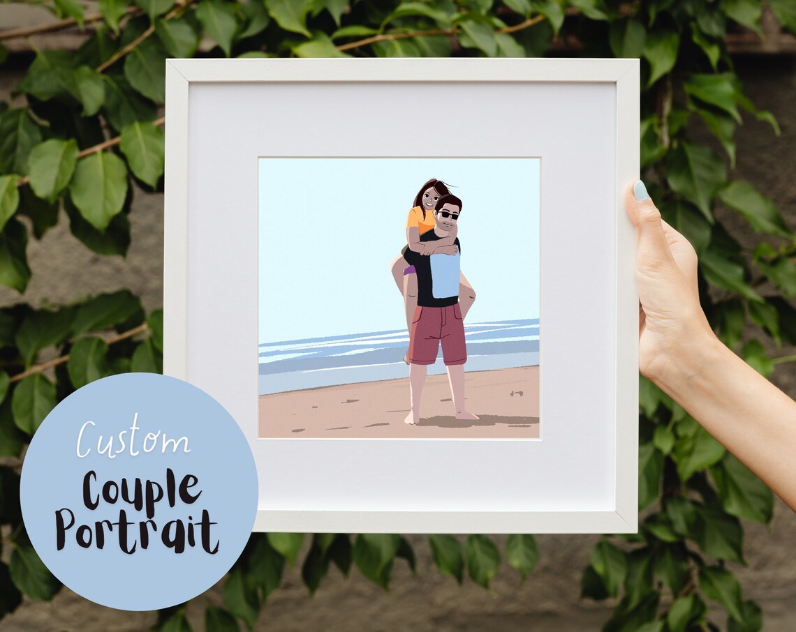 Playful Piggyback Ride Beach Couple Minimalist Illustration Art Poster