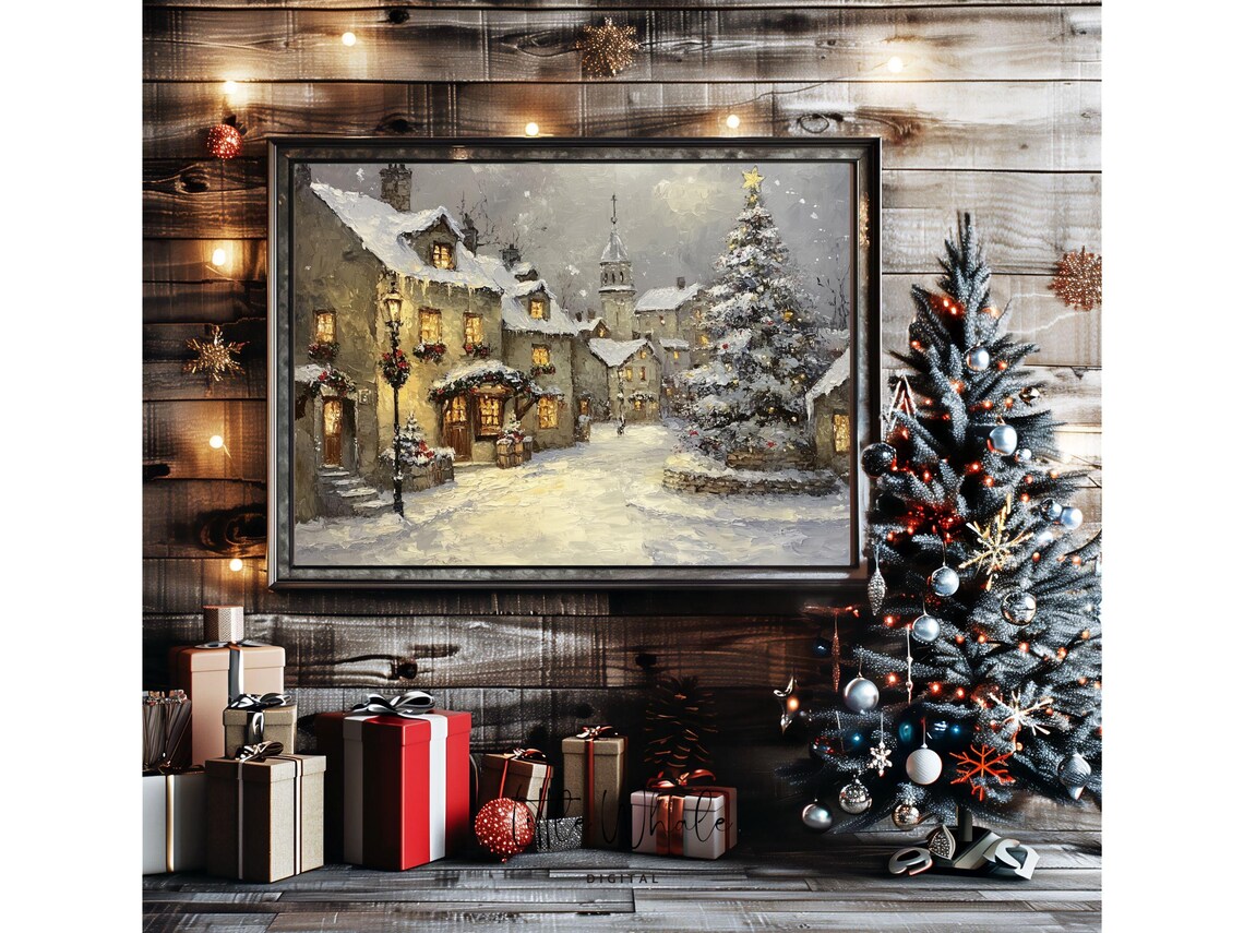 Snowy Stone Village with Church and Christmas Tree Oil Painting Poster - Image 2