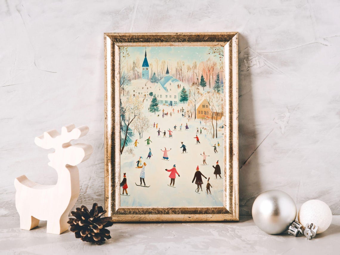 Charming Winter Ice Skaters Frozen Pond Village Vintage Poster - Image 2