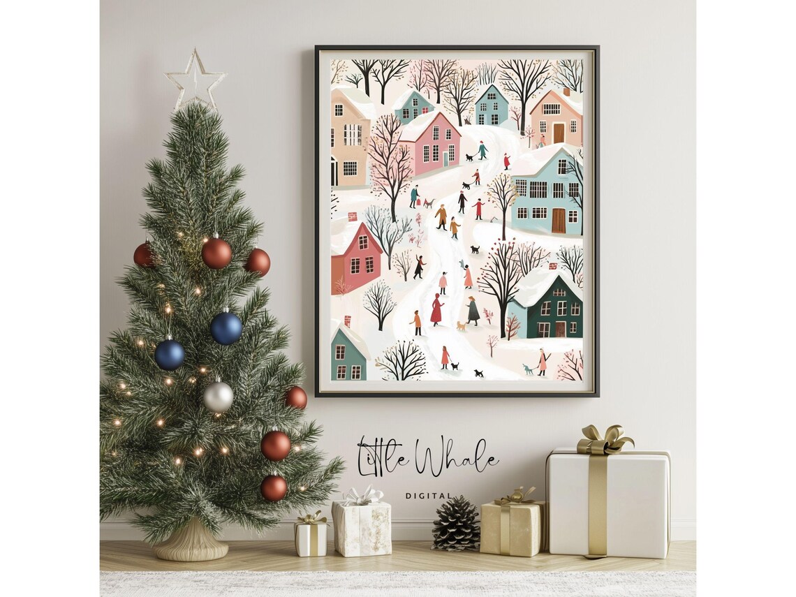 Pastel Snowy Village Aerial With Villagers Winter Stroll Poster - Image 2