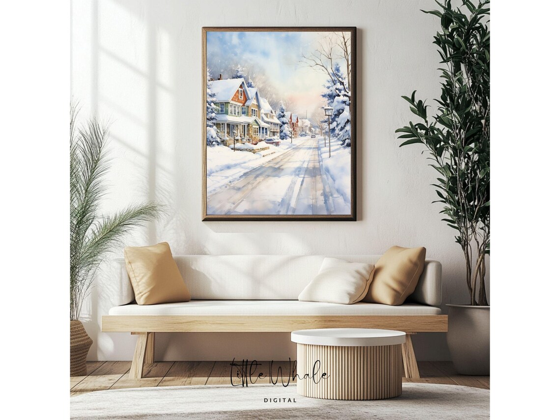 Snowy Suburban Street Winter Scene with Cozy Houses Watercolor Poster - Image 4