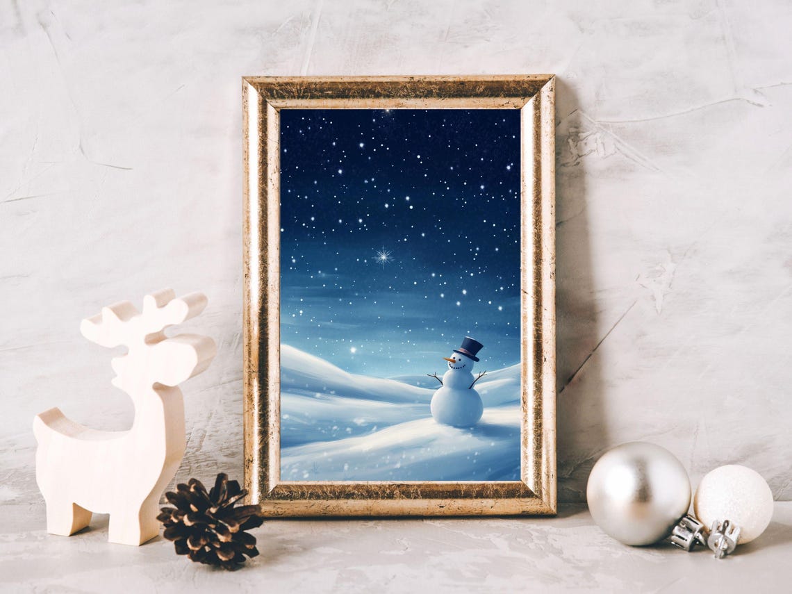 Snowman Under a Starry Night Sky on Snowy Hills Winter Scene Poster - Image 2