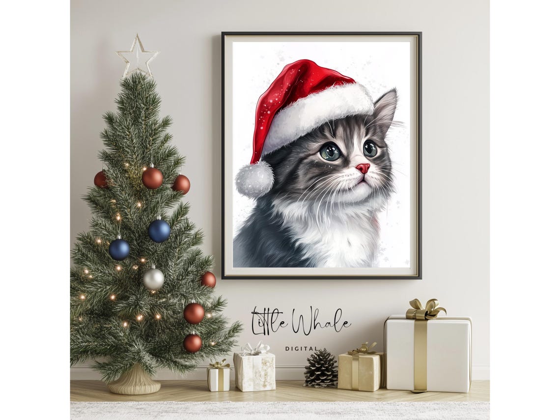 Fluffy Gray and White Cat in Santa Hat Sweet Holiday Art Print - Image 3