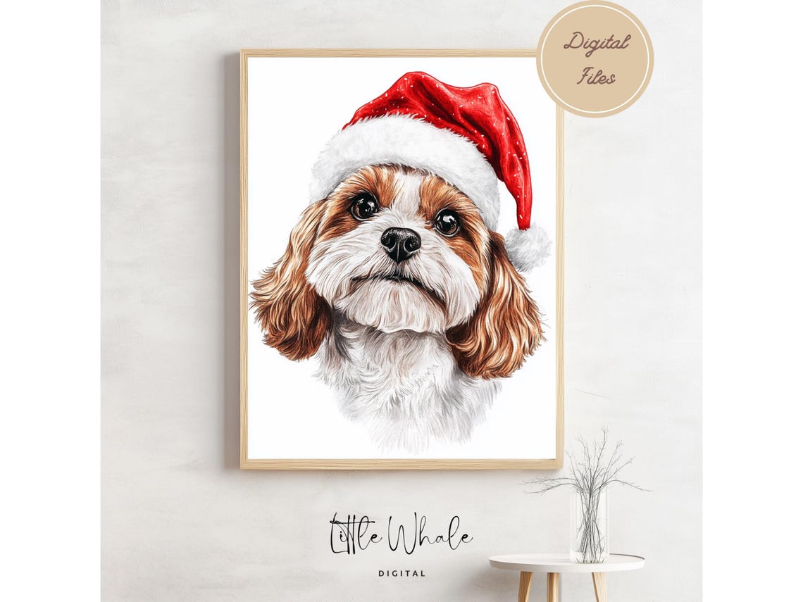 Cavalier King Charles Spaniel in Santa Hat Christmas Puppy Art Print