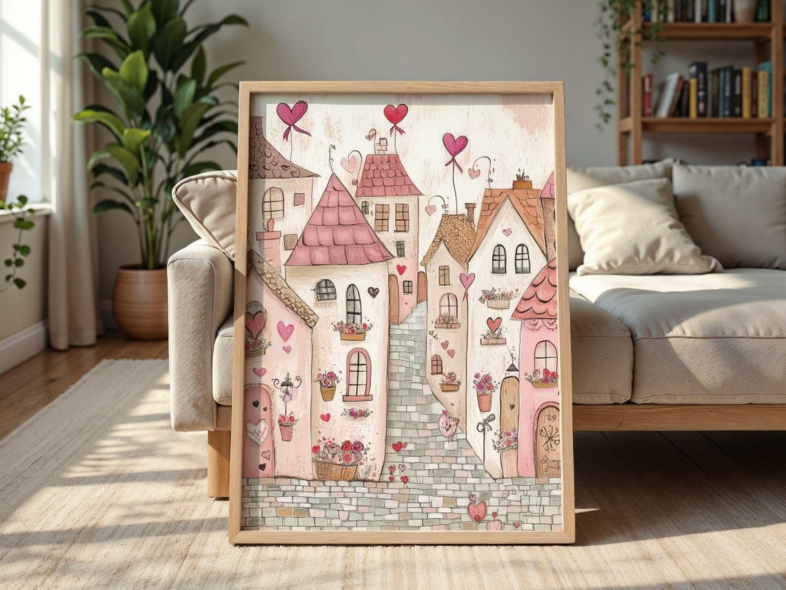 Cute Pink Valentines Day Print Valentine Town Wall Art Valentines Day Decor Romantic Art Valentines Gift - Image 2