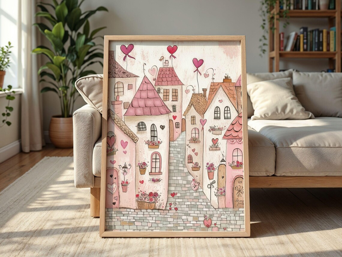 Pink Valentine's Lane Heart Balloons Rose Flower Boxes Scene Poster - Image 2