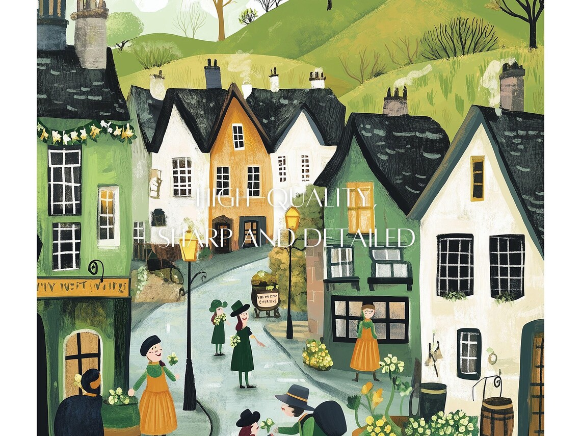 St Patrick's Town Street Flower Cart Green Hills Scene Poster - Image 3