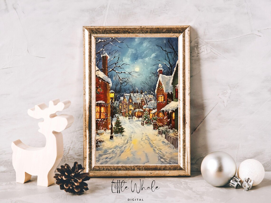 Cozy Snowy Village Street At Night With Glowing Windows Winter Art Poster - Image 3