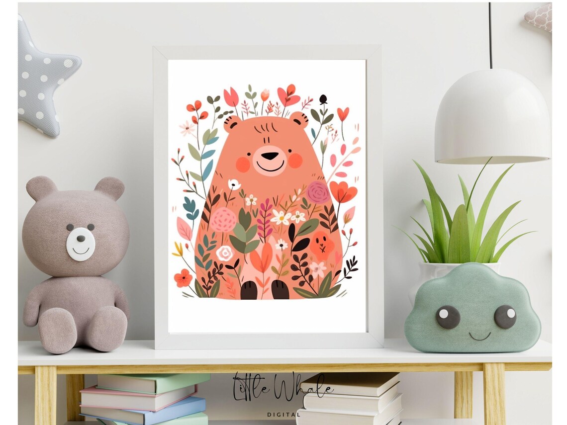 Cute Floral Coral Bear Nursery Wall Art Smiling Kids Room Decor Print - Image 3