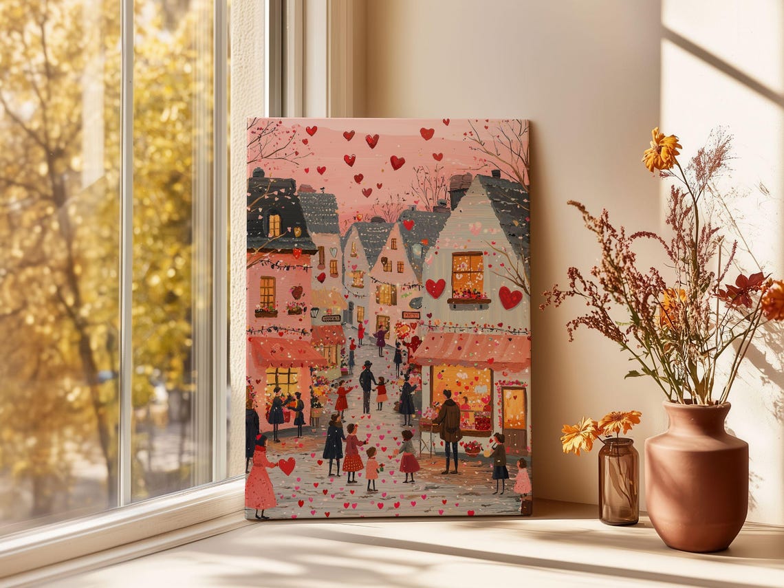 Valentines Day Print Cute Valentine Town Wall Art Valentines Day Decor Romantic Valentines Gift