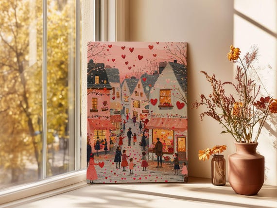 Valentines Day Print Cute Valentine Town Wall Art Valentines Day Decor Romantic Valentines Gift