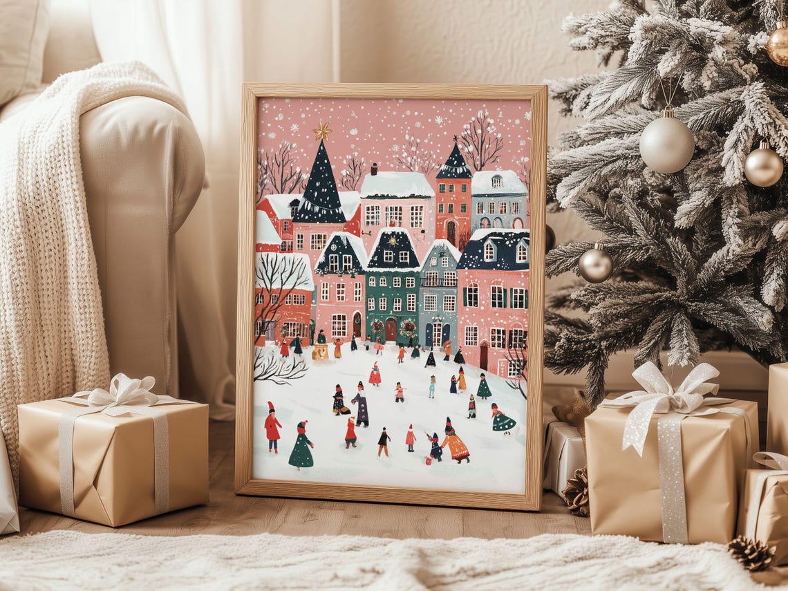 Pink Snowy Christmas Town With Ice Skaters Holiday Village Poster - Image 2