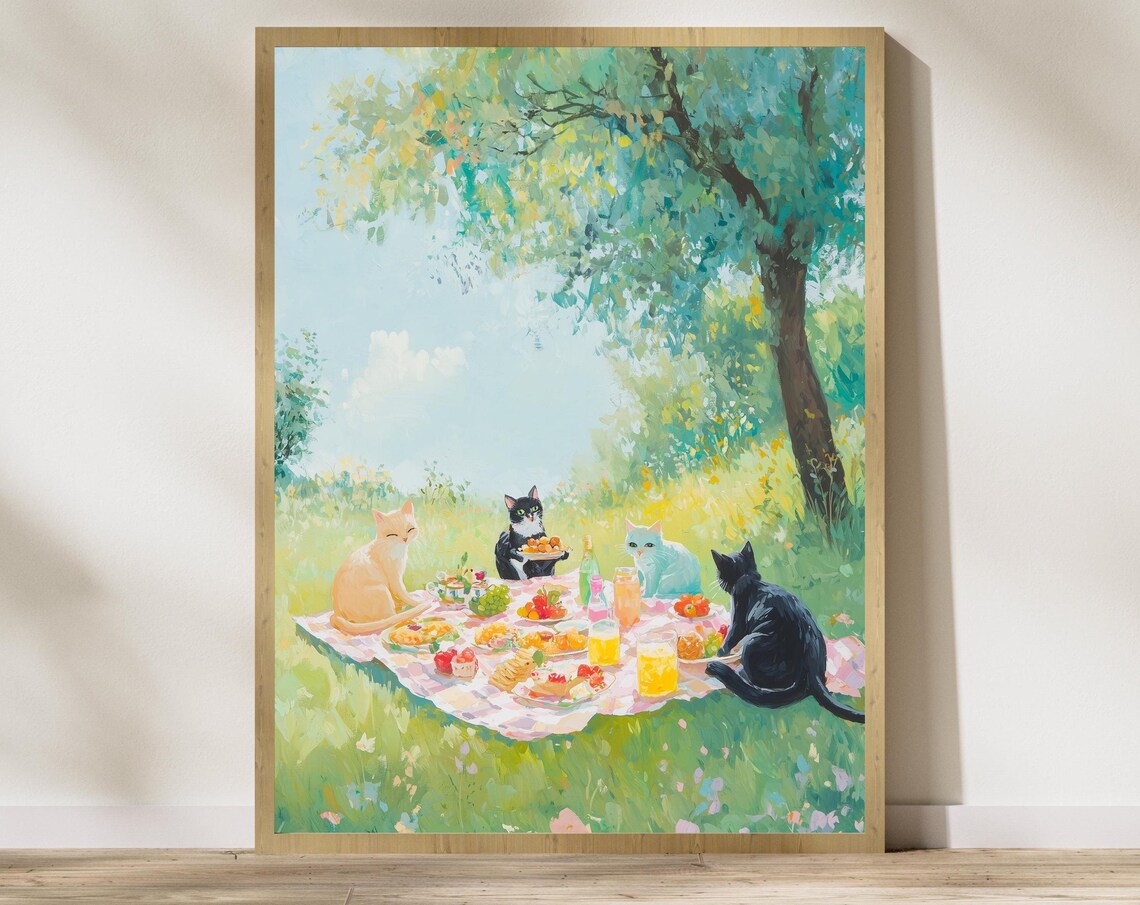 Pastel Cat Picnic Poster, Maximalist Kitsch Decor