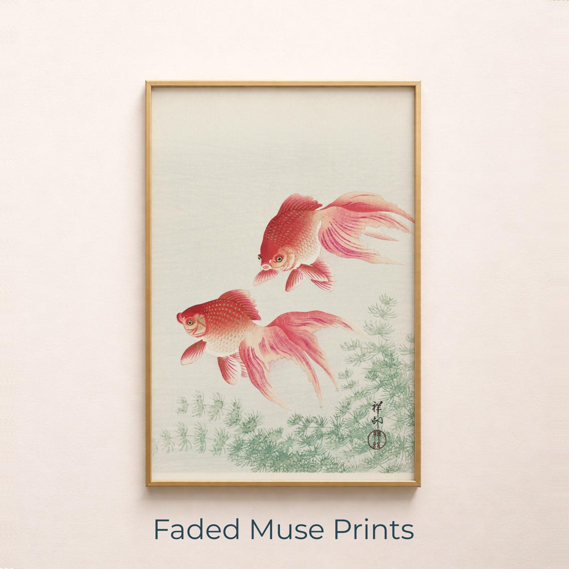 Vintage Japanese Goldfish Pair Red Fantail Woodblock Art Poster