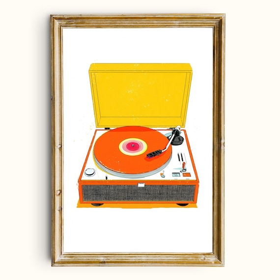 Vintage Turntable Print Retro Record Player Wall Art Orange Music Decor Digital Download