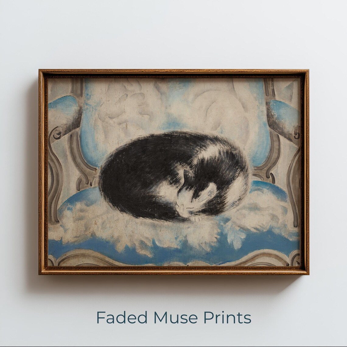 Curled Up Sleeping Cat Vintage Sketch Style Cozy Cottagecore Art Poster