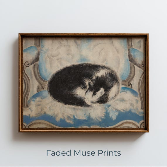 Vintage Sleeping Cat Sketch Cozy Cottagecore Wall Art Digital Download 802