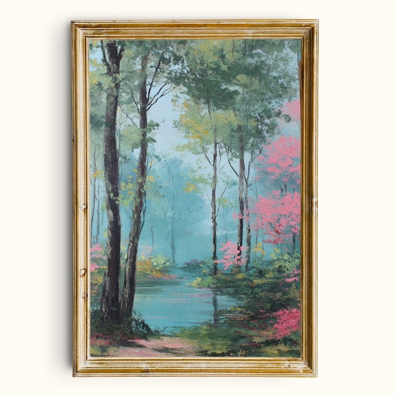 Vintage Pastel Forest Creek Painting Serene Turquoise Woodland Wall Poster