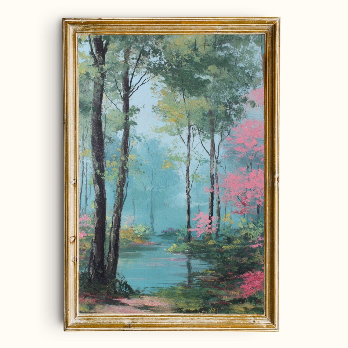 Vintage Pastel Forest Creek Painting Serene Turquoise Woodland Wall Poster