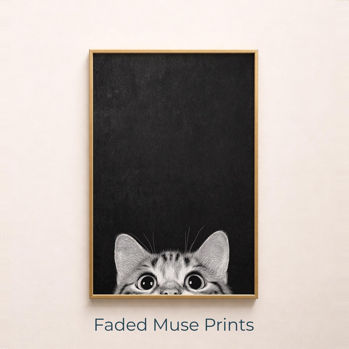 Curious Cat Peeking Minimalist Sketch Black White Kitten Portrait Poster