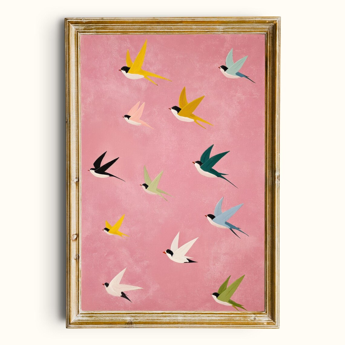 Retro Swallow Flock Art Print, Colorful Bird Wall Art