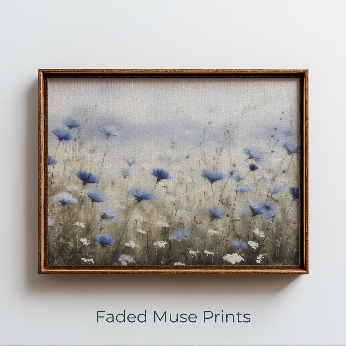Blue Wildflowers Painting, Soft Impressionistic Cottagecore