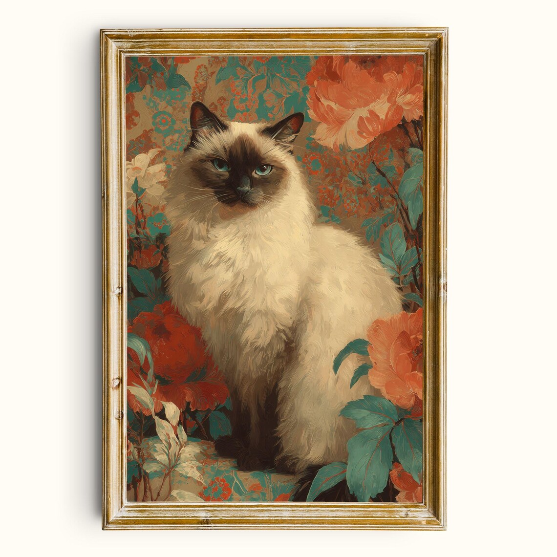 Vintage Ragdoll Cat, Maximalist Floral Portrait