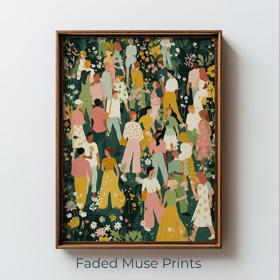 Colorful Folk Art Garden Party Summer Crowd Flower Gathering Print