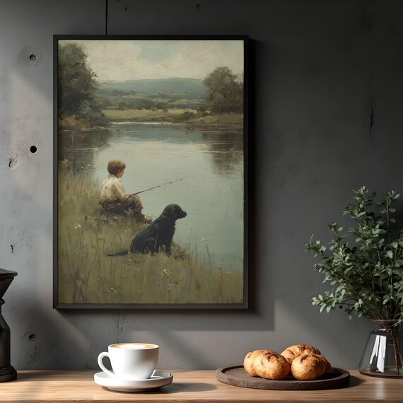 Vintage Fishing Boy And Dog Print Rustic Lake Landscape Wall Art Digital Download