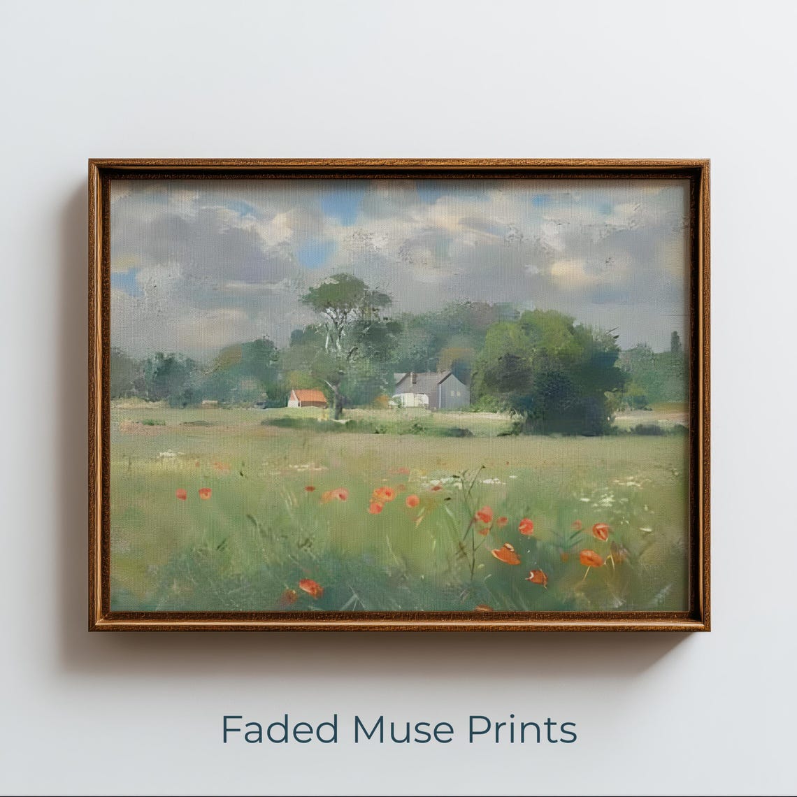 Peaceful Spring Poppy Field Farmhouse Meadow Impressionist Art Print