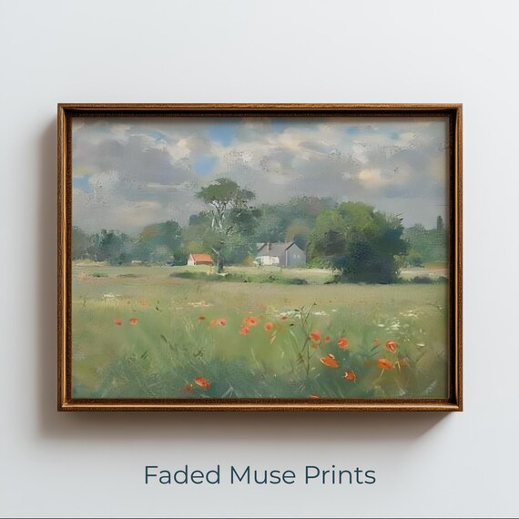 Peaceful Spring Poppy Field Farmhouse Meadow Impressionist Art Print