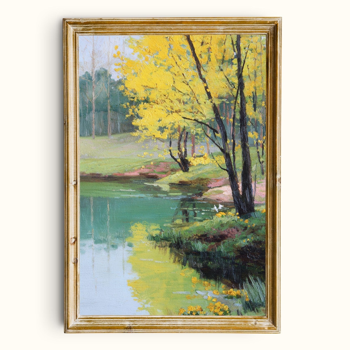 Vintage Spring Park Landscape Yellow Trees Pond Impressionist Painting Poster