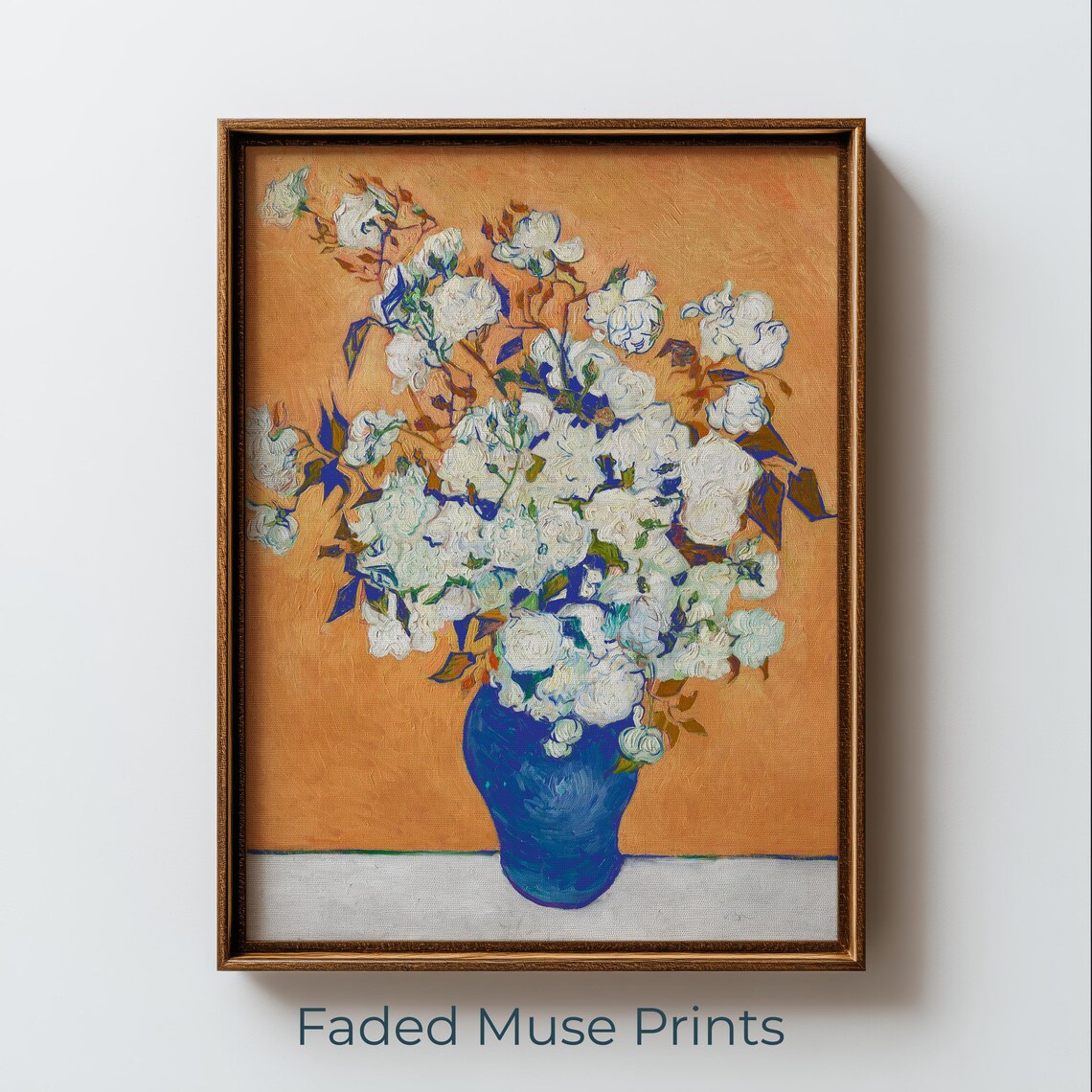 White Roses in Blue Vase Vintage Floral Still Life Art Poster