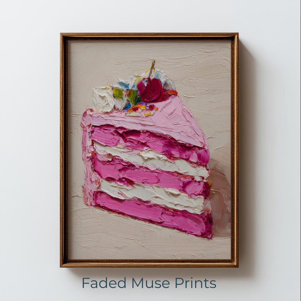 Pink Strawberry Cake Slice Impasto Oil Painting Dessert Print