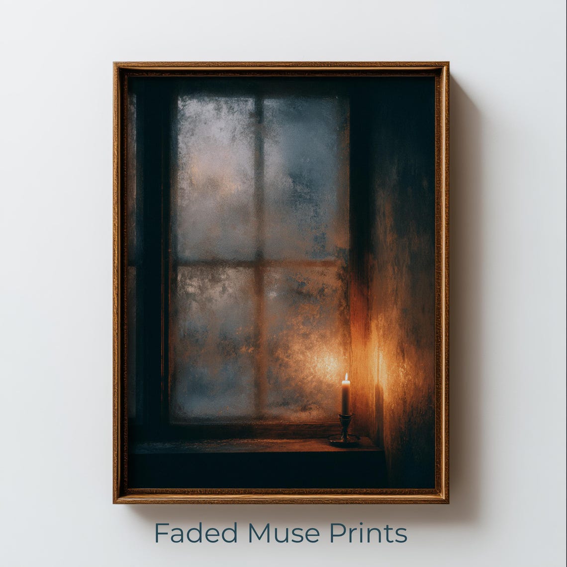 Single Candle Frosted Winter Window Moody Minimalist Dark Poster